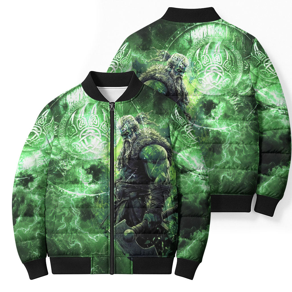 Norse Viking Warrior with Axe Bomber Puffer Jacket Celtic Knot Nordic Fantasy Lightning Art