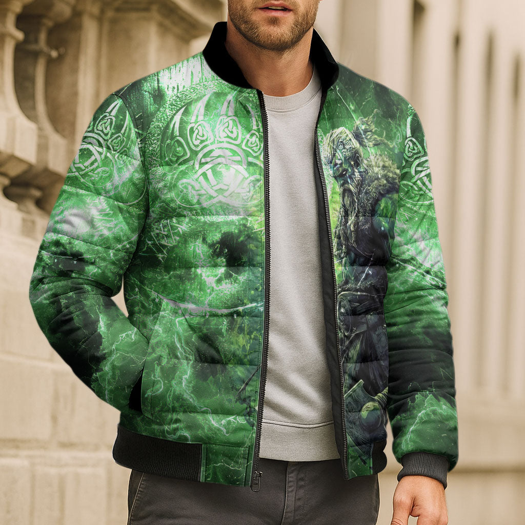 Norse Viking Warrior with Axe Bomber Puffer Jacket Celtic Knot Nordic Fantasy Lightning Art