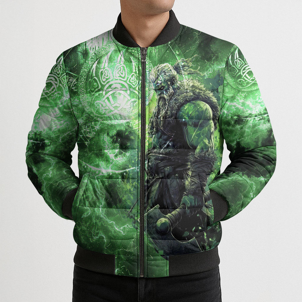 Norse Viking Warrior with Axe Bomber Puffer Jacket Celtic Knot Nordic Fantasy Lightning Art