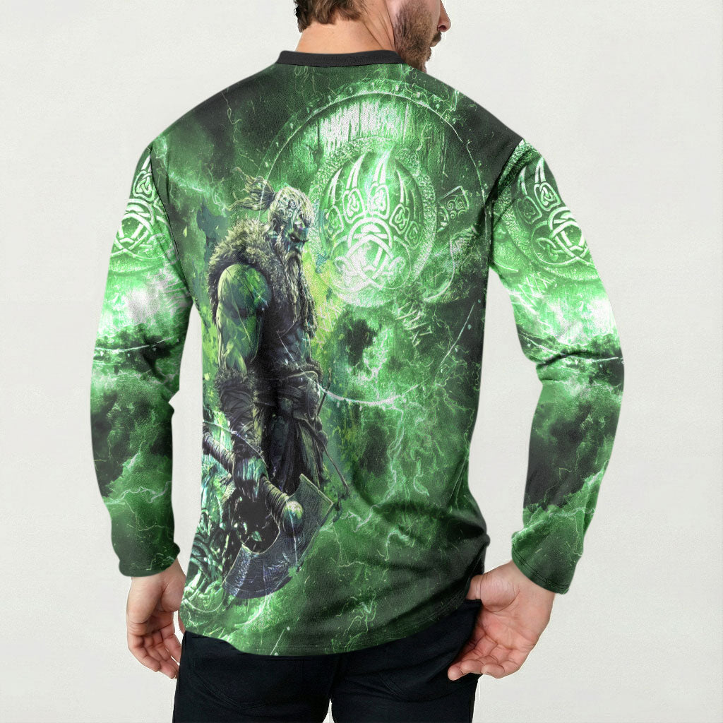 Norse Viking Warrior with Axe Button Sweatshirt Celtic Knot Nordic Fantasy Lightning Art