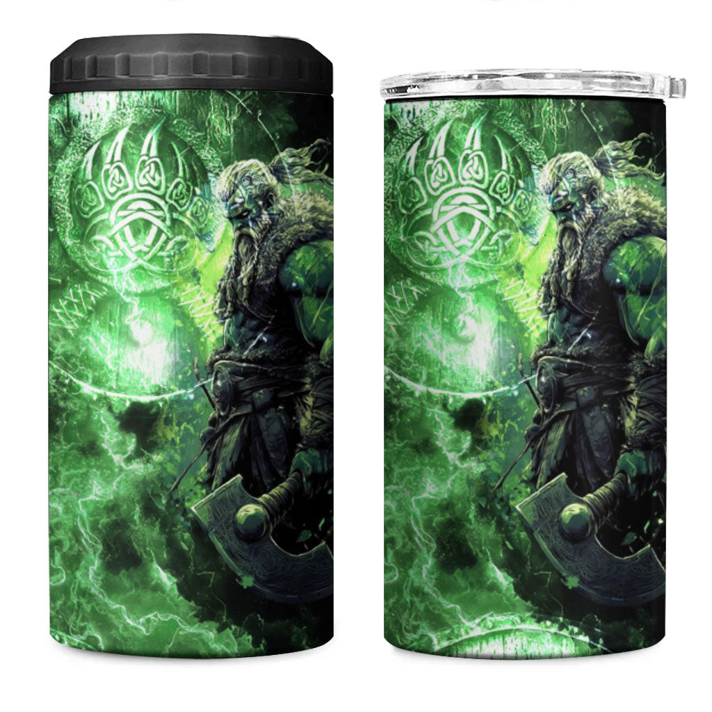 Norse Viking Warrior with Axe 4 in 1 Can Cooler Tumbler Celtic Knot Nordic Fantasy Lightning Art