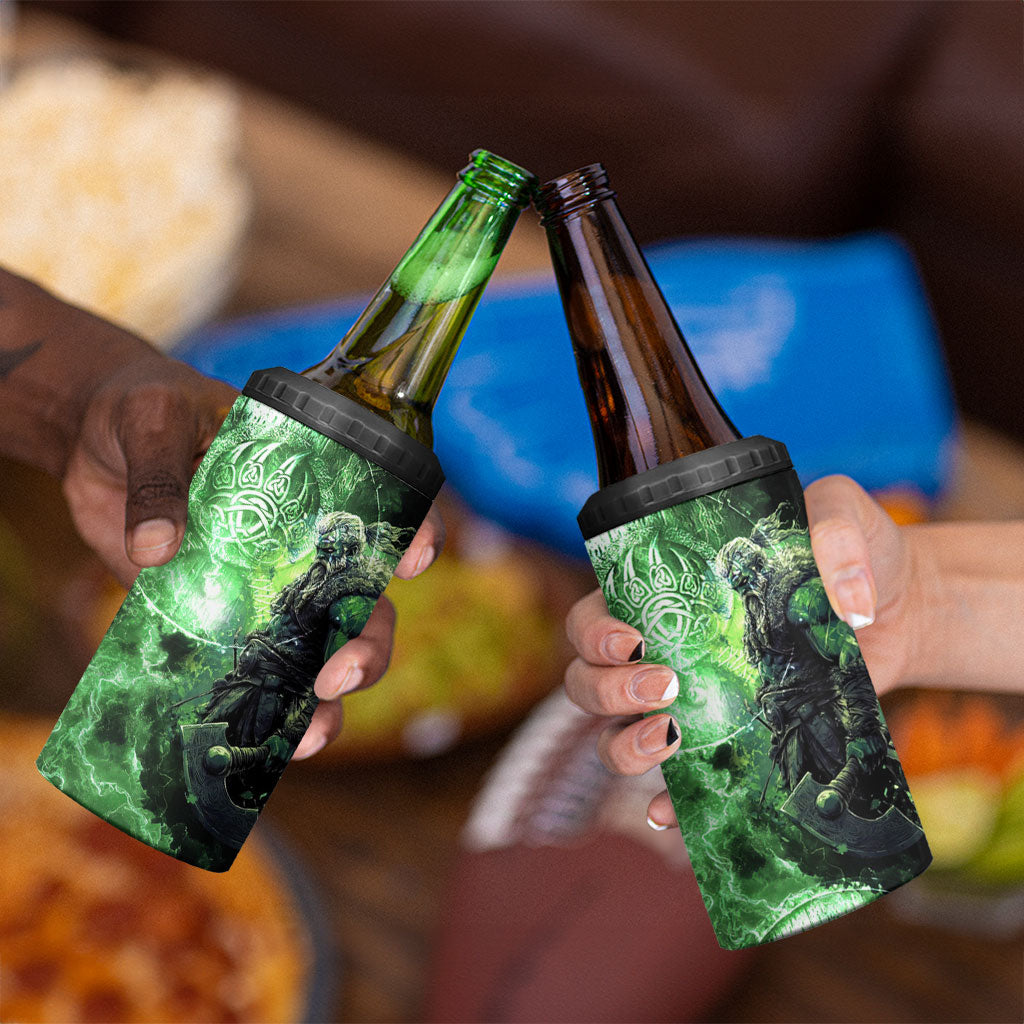 Norse Viking Warrior with Axe 4 in 1 Can Cooler Tumbler Celtic Knot Nordic Fantasy Lightning Art