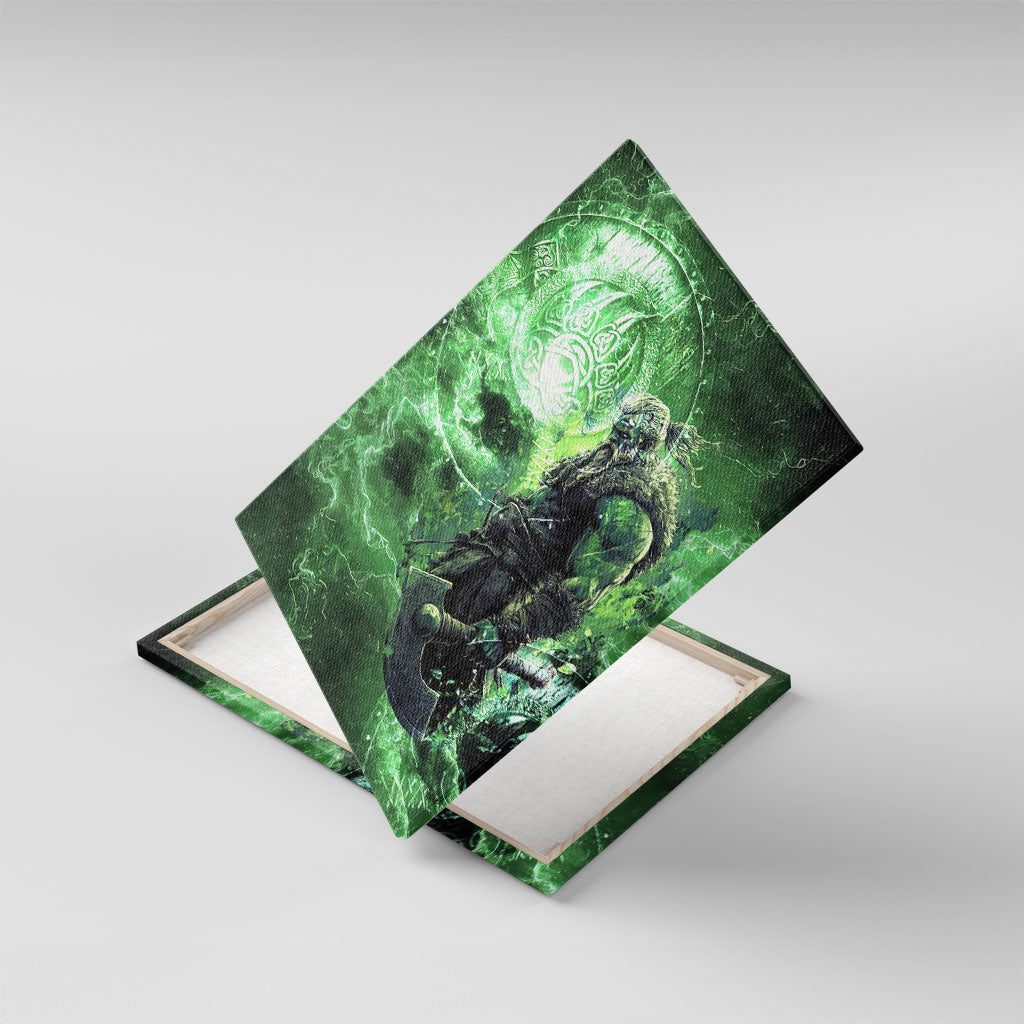 Norse Viking Warrior with Axe Canvas Wall Art Celtic Knot Nordic Fantasy Lightning Art