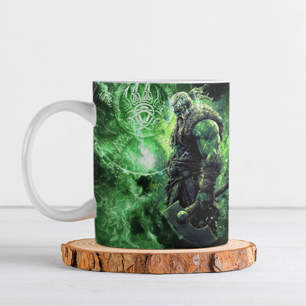 Norse Viking Warrior with Axe Ceramic Mug Celtic Knot Nordic Fantasy Lightning Art