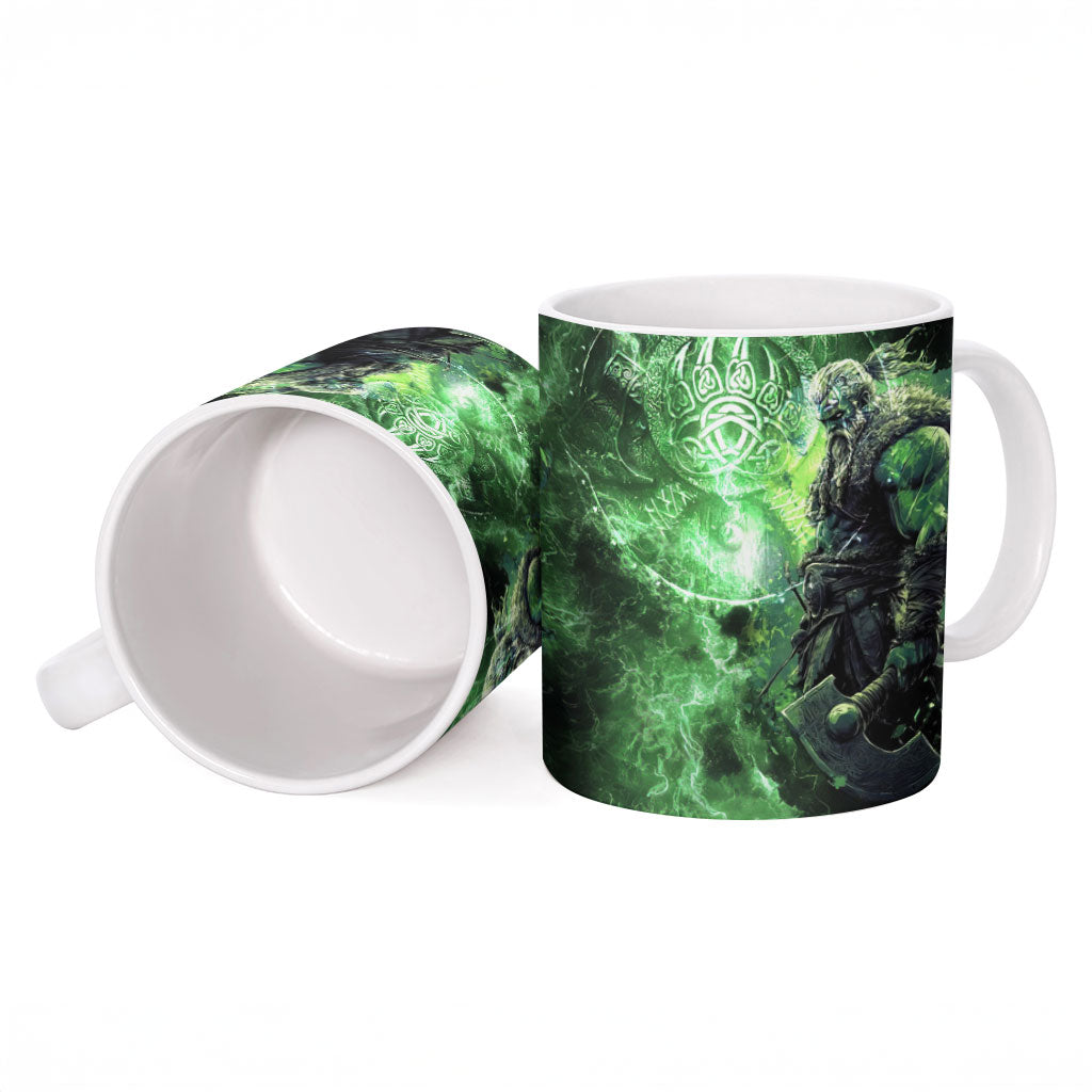 Norse Viking Warrior with Axe Ceramic Mug Celtic Knot Nordic Fantasy Lightning Art