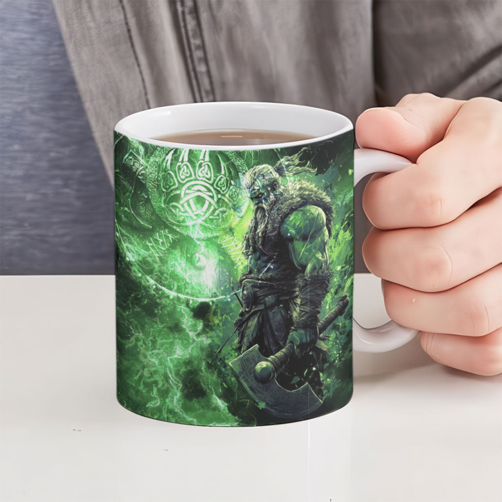 Norse Viking Warrior with Axe Ceramic Mug Celtic Knot Nordic Fantasy Lightning Art