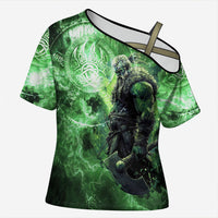 Norse Viking Warrior with Axe Cross Shoulder Shirt Celtic Knot Nordic Fantasy Lightning Art