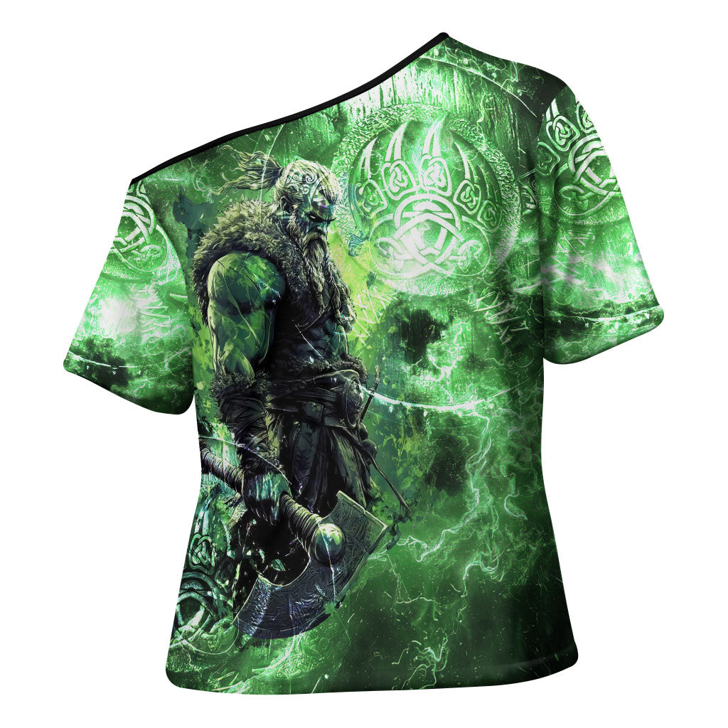 Norse Viking Warrior with Axe Cross Shoulder Shirt Celtic Knot Nordic Fantasy Lightning Art
