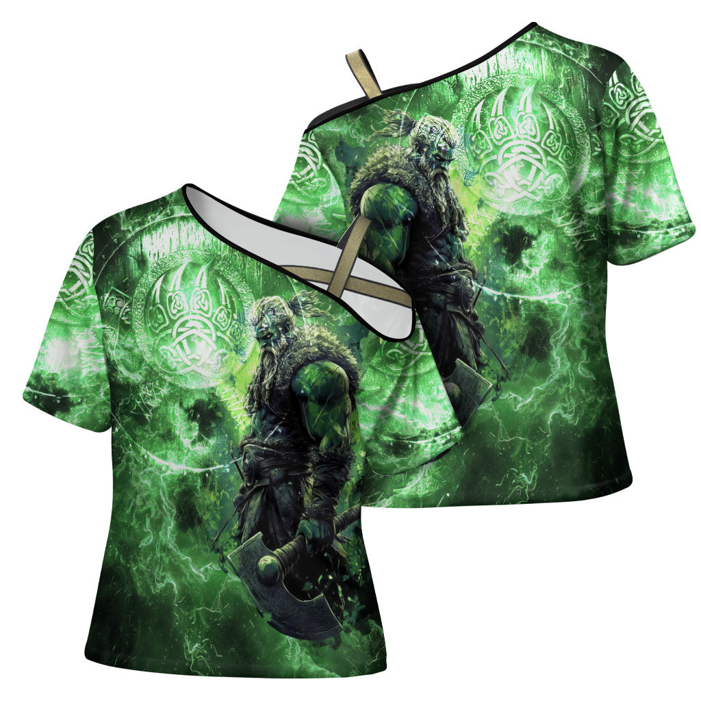 Norse Viking Warrior with Axe Cross Shoulder Shirt Celtic Knot Nordic Fantasy Lightning Art