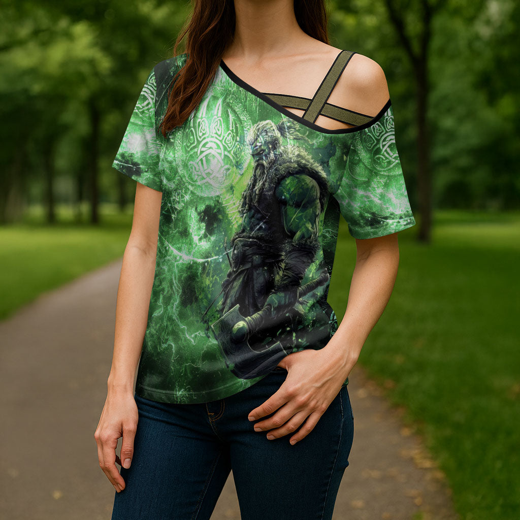 Norse Viking Warrior with Axe Cross Shoulder Shirt Celtic Knot Nordic Fantasy Lightning Art
