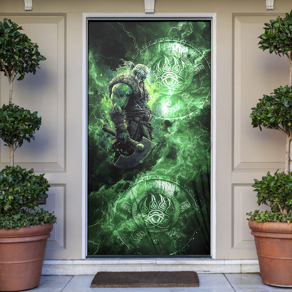 Norse Viking Warrior with Axe Door Cover Celtic Knot Nordic Fantasy Lightning Art