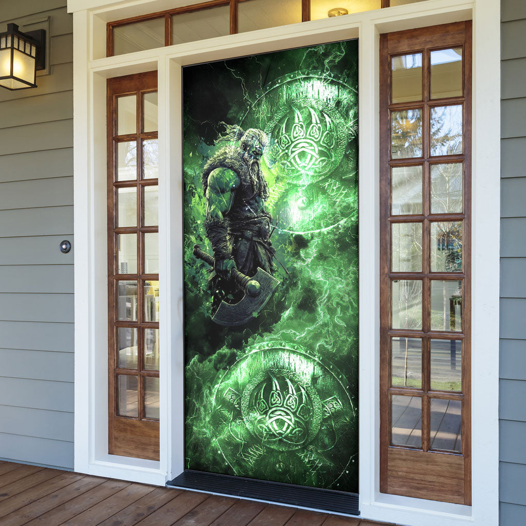 Norse Viking Warrior with Axe Door Cover Celtic Knot Nordic Fantasy Lightning Art