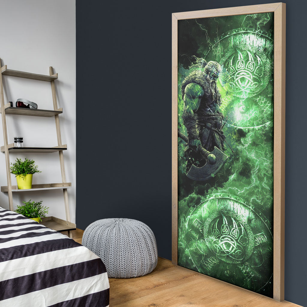 Norse Viking Warrior with Axe Door Cover Celtic Knot Nordic Fantasy Lightning Art