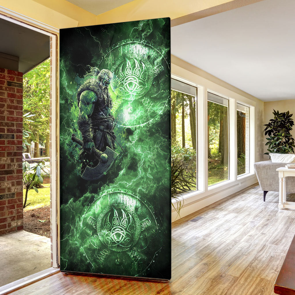 Norse Viking Warrior with Axe Door Cover Celtic Knot Nordic Fantasy Lightning Art