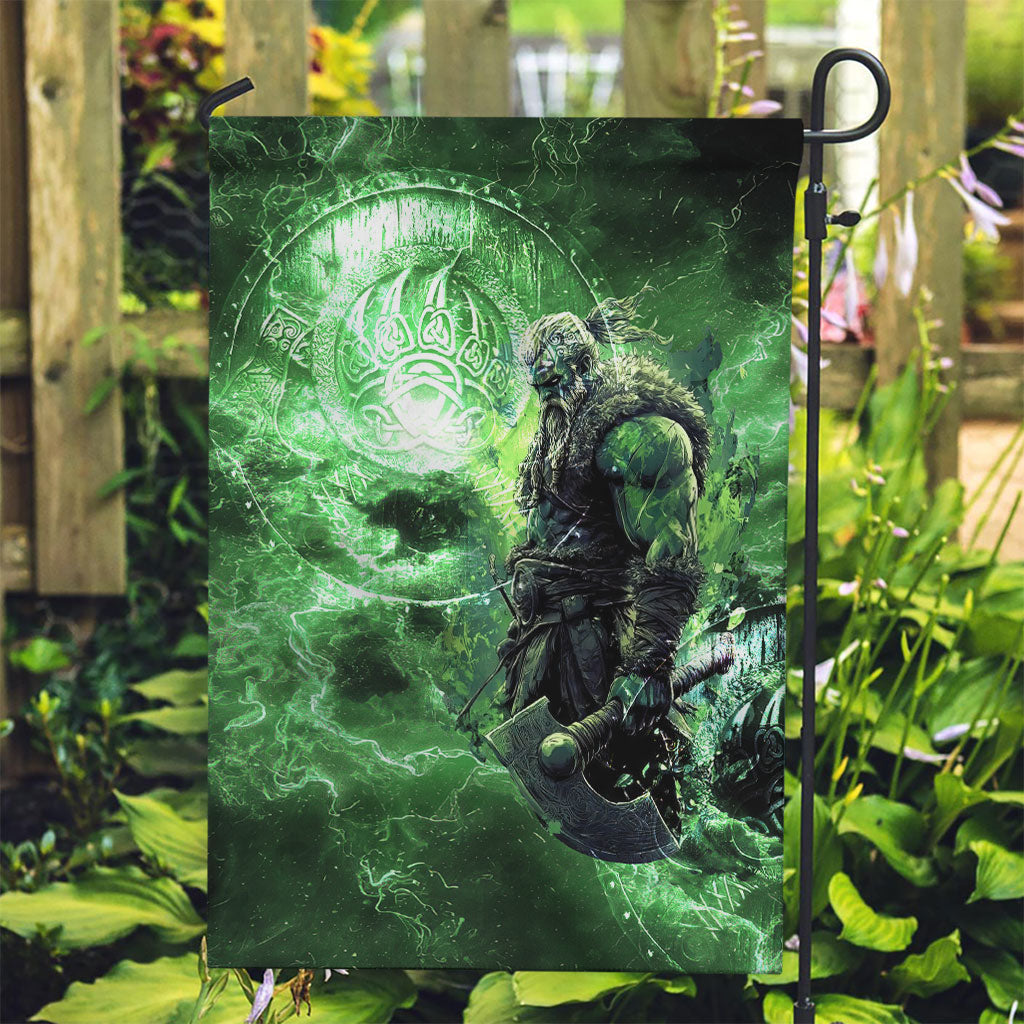Norse Viking Warrior with Axe Garden Flag Celtic Knot Nordic Fantasy Lightning Art