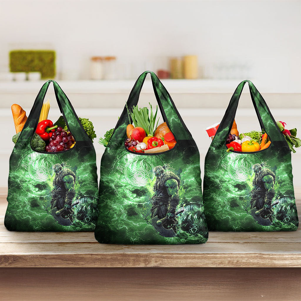 Norse Viking Warrior with Axe Grocery Bag Celtic Knot Nordic Fantasy Lightning Art
