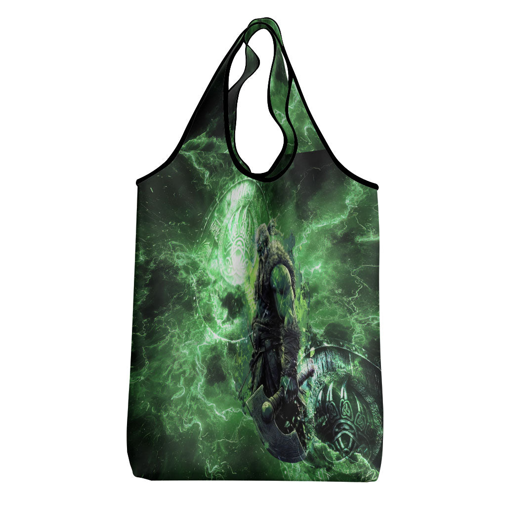 Norse Viking Warrior with Axe Grocery Bag Celtic Knot Nordic Fantasy Lightning Art