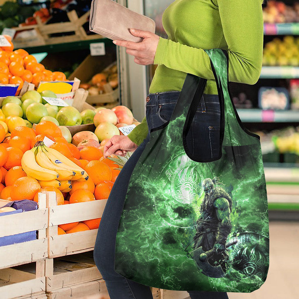 Norse Viking Warrior with Axe Grocery Bag Celtic Knot Nordic Fantasy Lightning Art