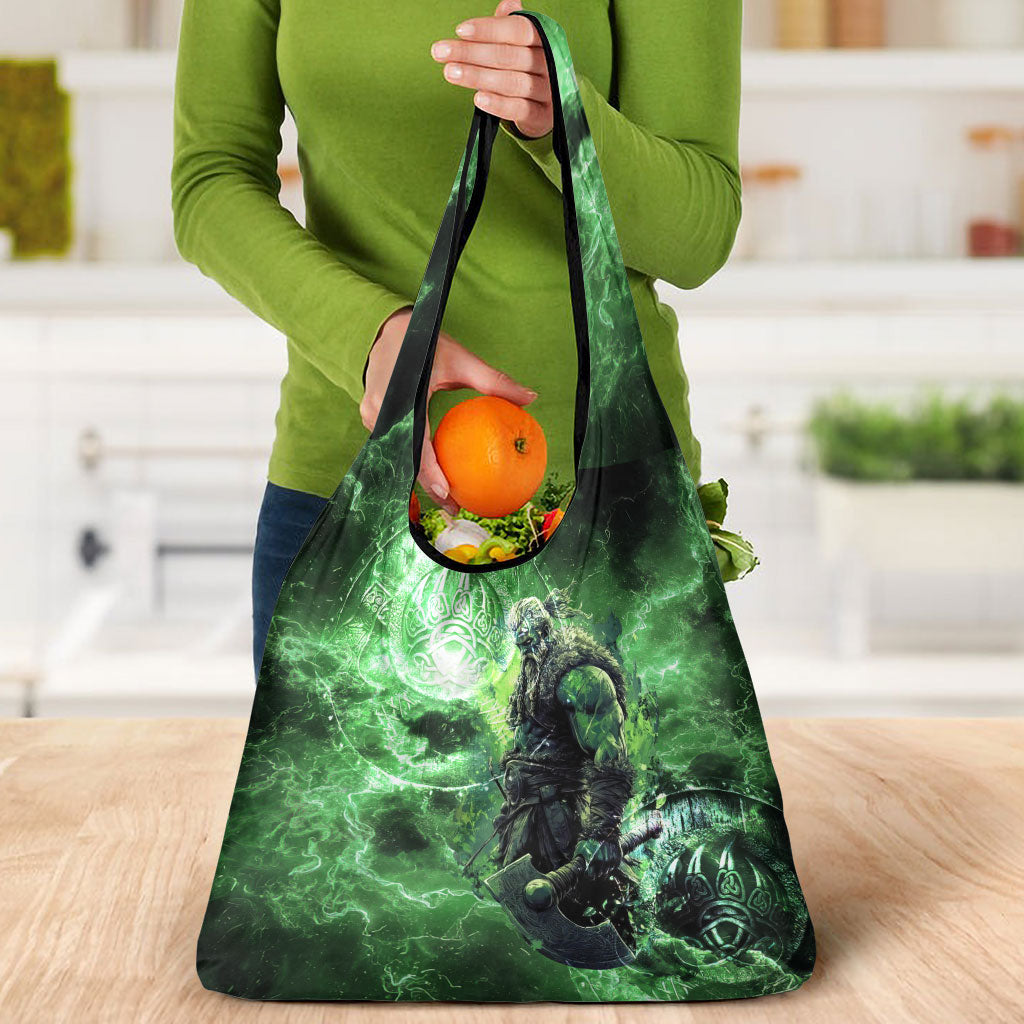 Norse Viking Warrior with Axe Grocery Bag Celtic Knot Nordic Fantasy Lightning Art