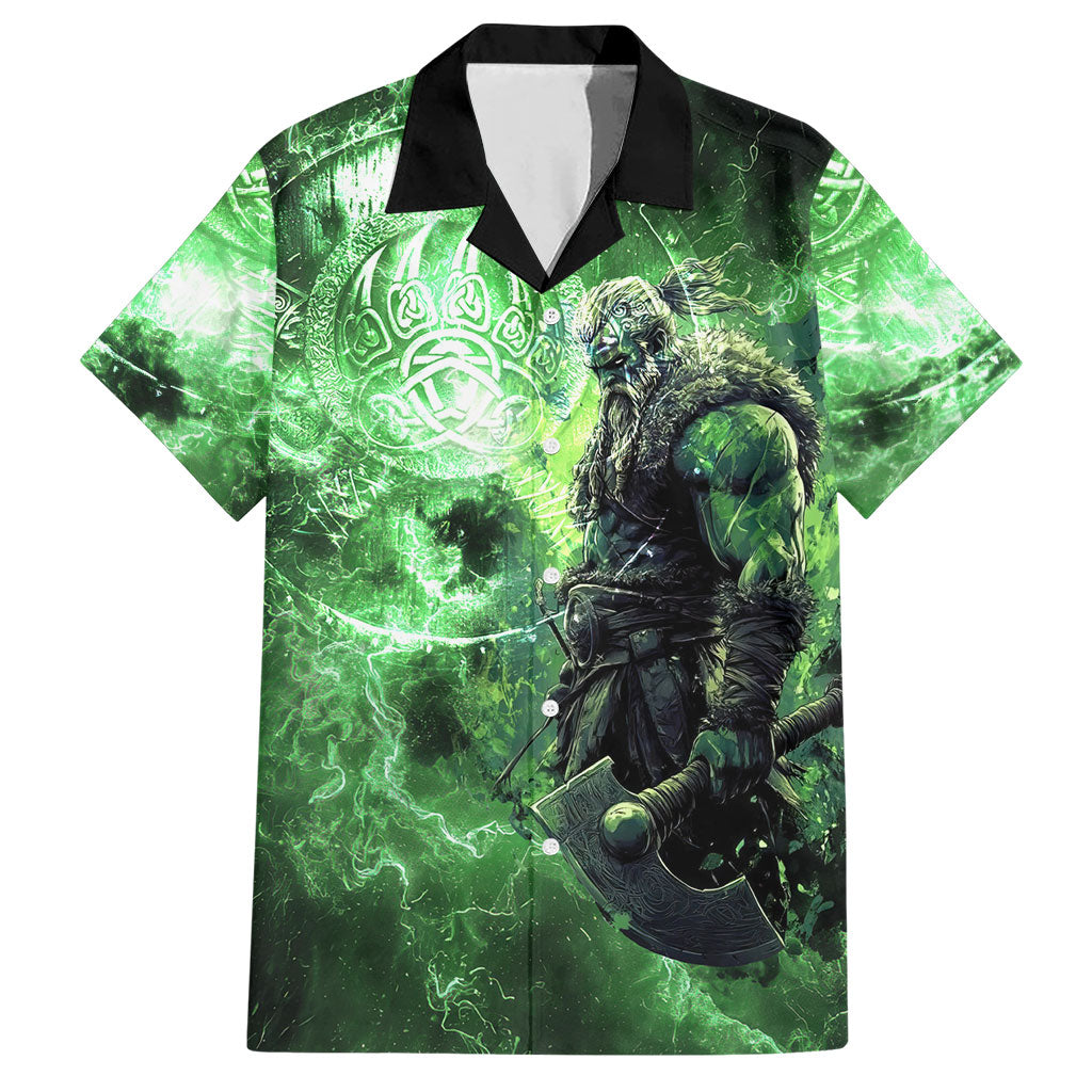 Norse Viking Warrior with Axe Hawaiian Shirt Celtic Knot Nordic Fantasy Lightning Art