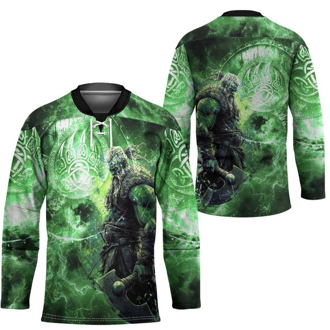 Norse Viking Warrior with Axe Hockey Jersey Celtic Knot Nordic Fantasy Lightning Art