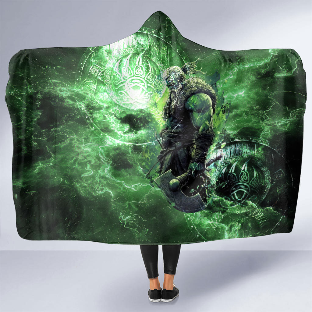 Norse Viking Warrior with Axe Hooded Blanket Celtic Knot Nordic Fantasy Lightning Art