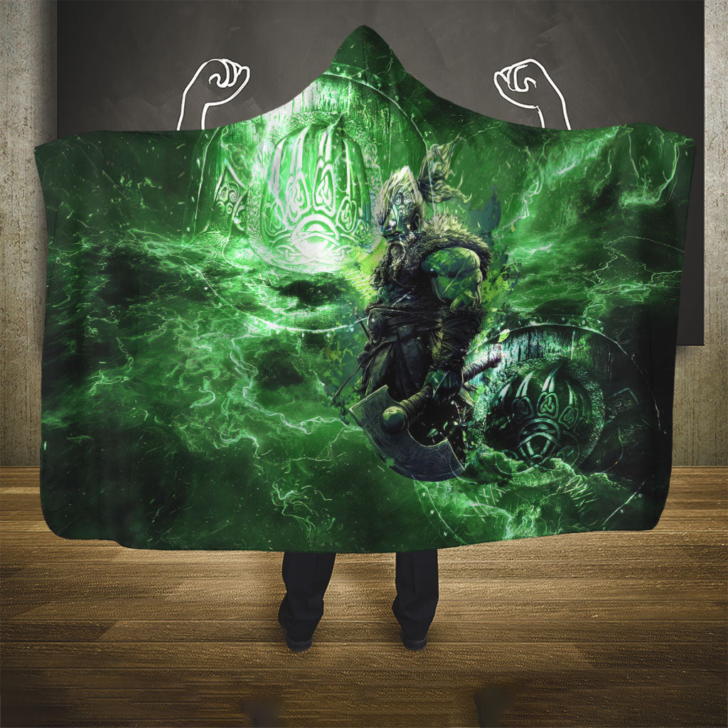 Norse Viking Warrior with Axe Hooded Blanket Celtic Knot Nordic Fantasy Lightning Art