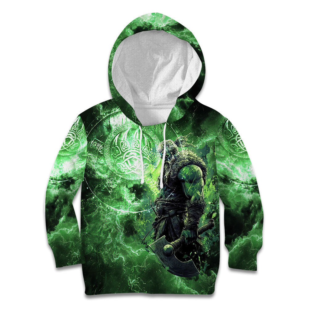Norse Viking Warrior with Axe Kid Hoodie Celtic Knot Nordic Fantasy Lightning Art