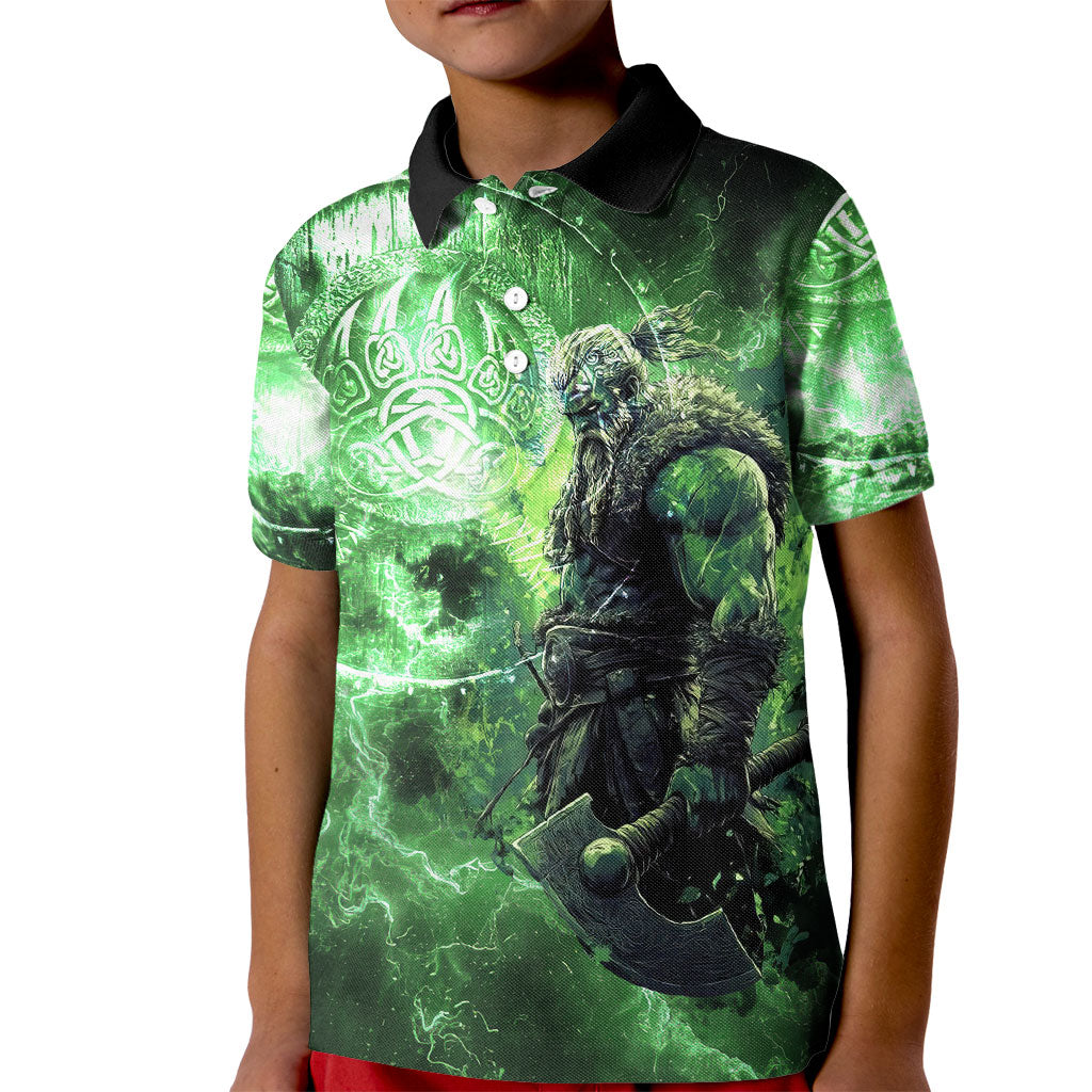 Norse Viking Warrior with Axe Kid Polo Shirt Celtic Knot Nordic Fantasy Lightning Art