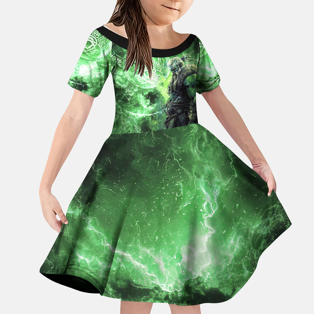 Norse Viking Warrior with Axe Kid Short Sleeve Dress Celtic Knot Nordic Fantasy Lightning Art