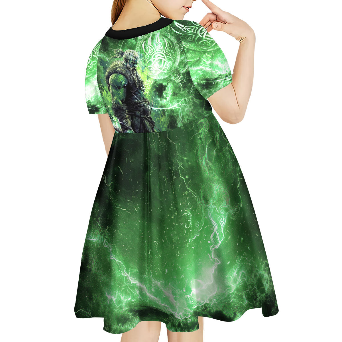 Norse Viking Warrior with Axe Kid Short Sleeve Dress Celtic Knot Nordic Fantasy Lightning Art