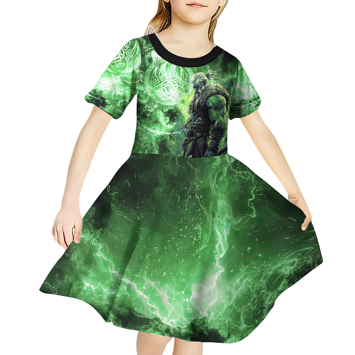 Norse Viking Warrior with Axe Kid Short Sleeve Dress Celtic Knot Nordic Fantasy Lightning Art