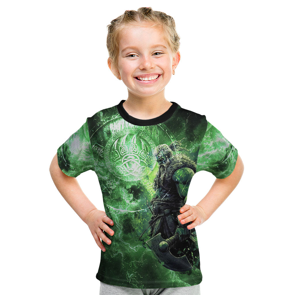 Norse Viking Warrior with Axe Kid T Shirt Celtic Knot Nordic Fantasy Lightning Art