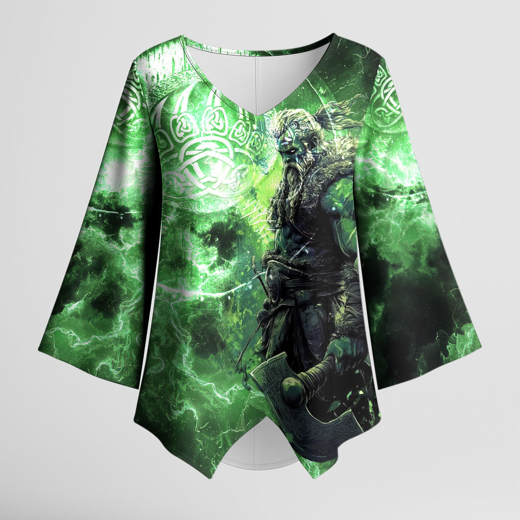Norse Viking Warrior with Axe Kimono Sleeve Blouse Celtic Knot Nordic Fantasy Lightning Art