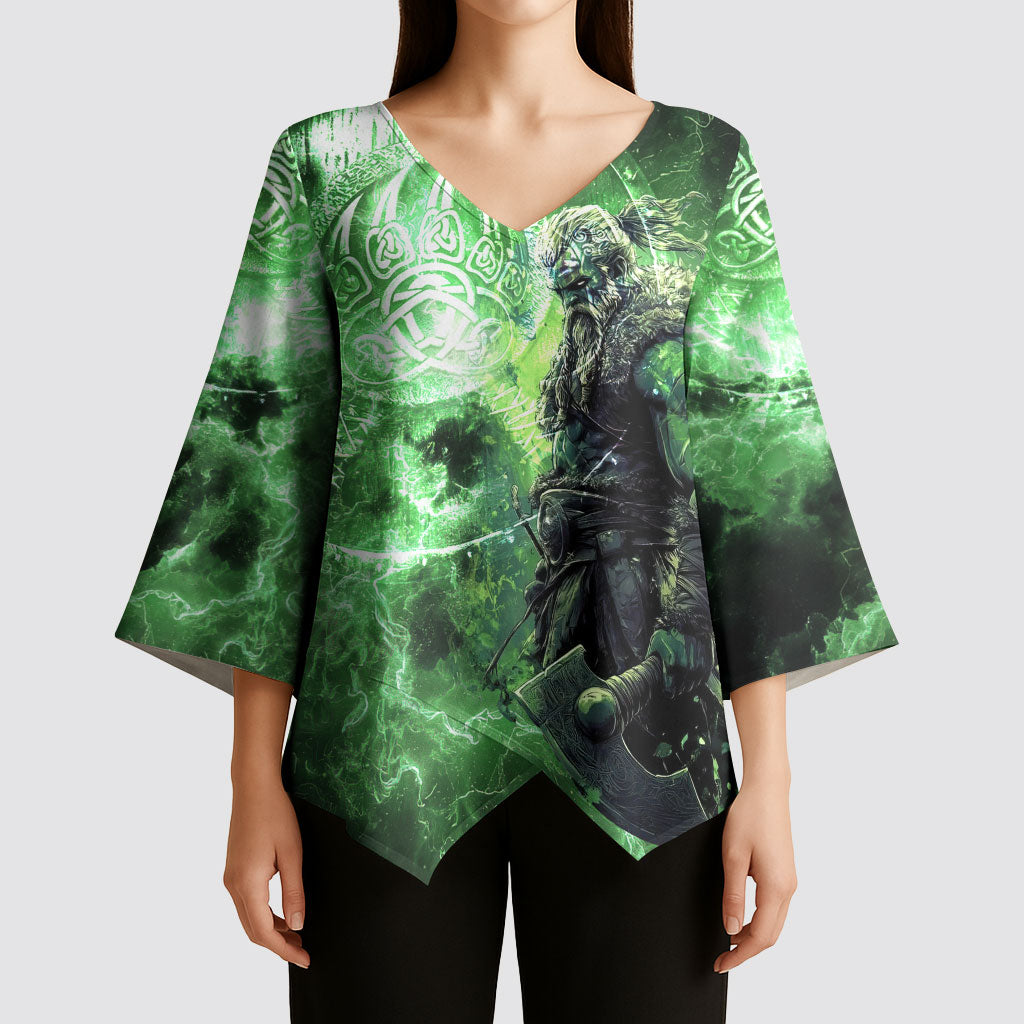 Norse Viking Warrior with Axe Kimono Sleeve Blouse Celtic Knot Nordic Fantasy Lightning Art