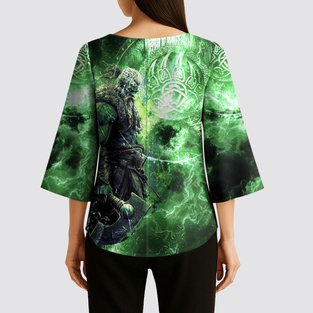 Norse Viking Warrior with Axe Kimono Sleeve Blouse Celtic Knot Nordic Fantasy Lightning Art