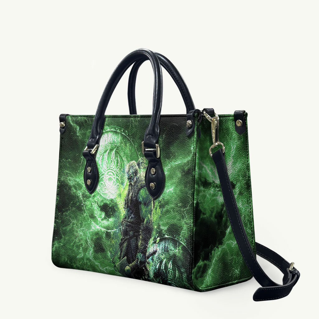 Norse Viking Warrior with Axe Leather Bag Celtic Knot Nordic Fantasy Lightning Art