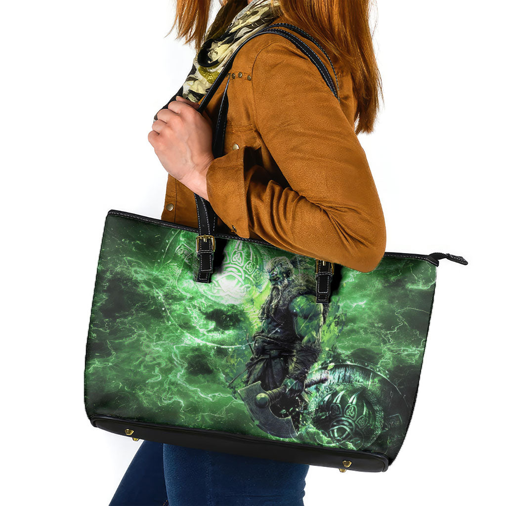Norse Viking Warrior with Axe Leather Tote Bag Celtic Knot Nordic Fantasy Lightning Art