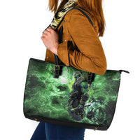 Norse Viking Warrior with Axe Leather Tote Bag Celtic Knot Nordic Fantasy Lightning Art