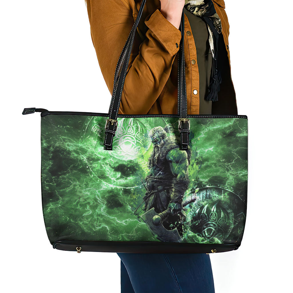 Norse Viking Warrior with Axe Leather Tote Bag Celtic Knot Nordic Fantasy Lightning Art