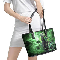 Norse Viking Warrior with Axe Leather Tote Bag Celtic Knot Nordic Fantasy Lightning Art