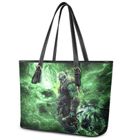 Norse Viking Warrior with Axe Leather Tote Bag Celtic Knot Nordic Fantasy Lightning Art