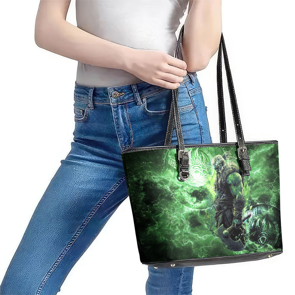 Norse Viking Warrior with Axe Leather Tote Bag Celtic Knot Nordic Fantasy Lightning Art