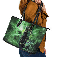 Norse Viking Warrior with Axe Leather Tote Bag Celtic Knot Nordic Fantasy Lightning Art