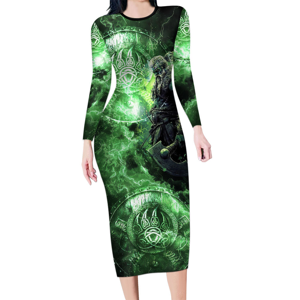 Norse Viking Warrior with Axe Long Sleeve Bodycon Dress Celtic Knot Nordic Fantasy Lightning Art