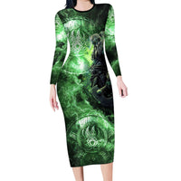 Norse Viking Warrior with Axe Long Sleeve Bodycon Dress Celtic Knot Nordic Fantasy Lightning Art