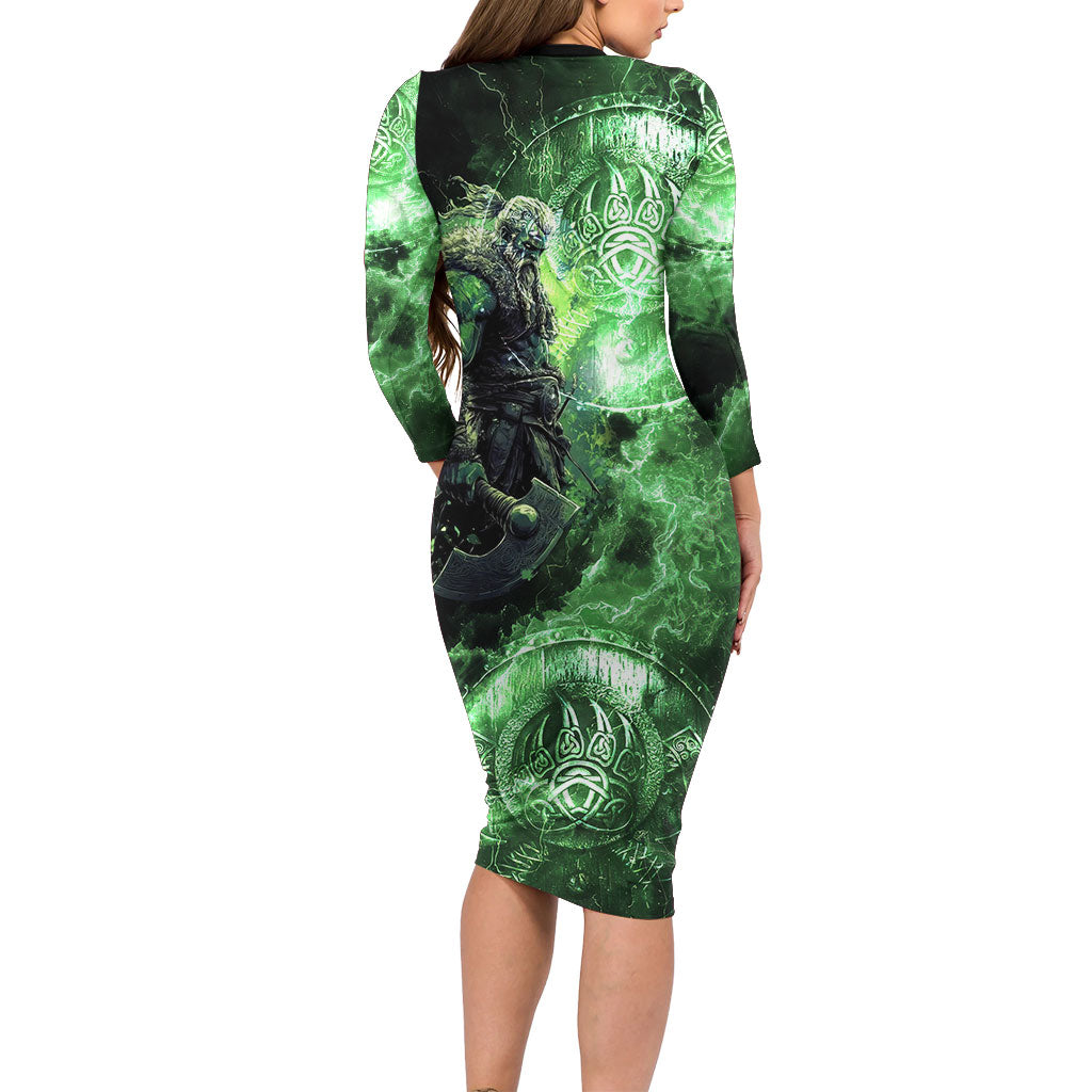 Norse Viking Warrior with Axe Long Sleeve Bodycon Dress Celtic Knot Nordic Fantasy Lightning Art