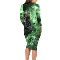 Norse Viking Warrior with Axe Long Sleeve Bodycon Dress Celtic Knot Nordic Fantasy Lightning Art