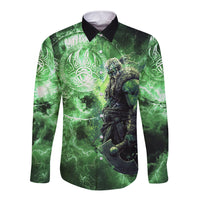 Norse Viking Warrior with Axe Long Sleeve Button Shirt Celtic Knot Nordic Fantasy Lightning Art