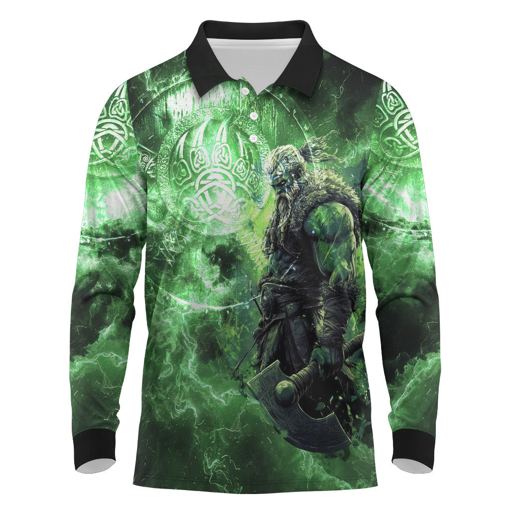 Norse Viking Warrior with Axe Long Sleeve Polo Shirt Celtic Knot Nordic Fantasy Lightning Art